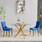 Glass Dining Room Table Set for 2, 47" Circle Glass Dining Table for 2 with Gold Metal Legs, Small Round Dining Table and Chairs Set of 2, 3 Piece Kitchen Table Set for Breakfast Dinette, Blue