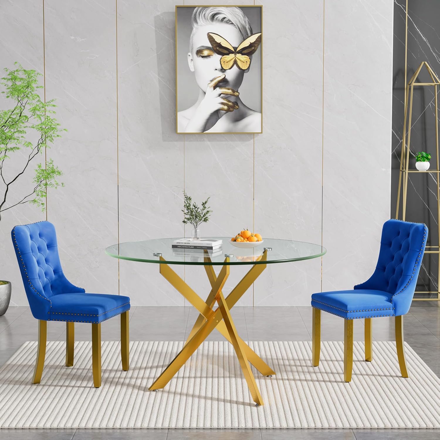 Glass Dining Room Table Set for 2, 47" Circle Glass Dining Table for 2 with Gold Metal Legs, Small Round Dining Table and Chairs Set of 2, 3 Piece Kitchen Table Set for Breakfast Dinette, Blue