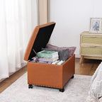 Joveco PU Leather Rolling Storage Ottoman, 24" Tufted Lid, Nailhead Trim & Hidden Storage,Elegant Footrest & Organizer on Caster Wheels for Living Room, Bedroom, Entryway(Orange Brown,Wheels)