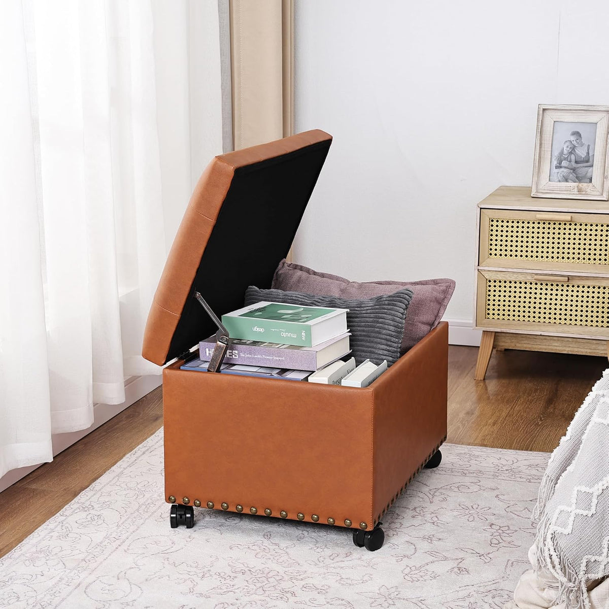 Joveco PU Leather Rolling Storage Ottoman, 24" Tufted Lid, Nailhead Trim & Hidden Storage,Elegant Footrest & Organizer on Caster Wheels for Living Room, Bedroom, Entryway(Orange Brown,Wheels)