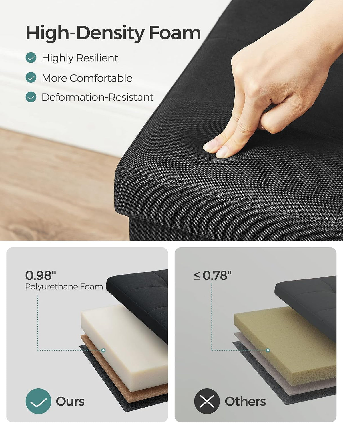 SONGMICS 43.3 Inches Folding Storage Ottoman Bench, Load 660 lb | Ottoman Foot Rest, Storage Chest, for Living Room, Entryway, Ink Black, MINOTA Collection ULSF077B01