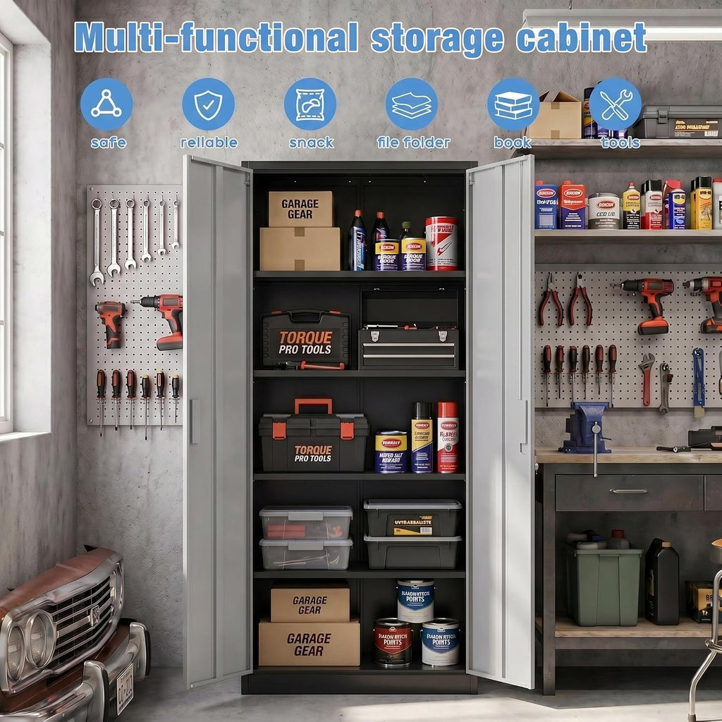 71-Inch Lockable Metal Storage Cabinet, Black and Gray | 15.75"D x 31.50"W x 70.87"H; 4 adjustable shelves; 120 lb per shelf; lock with 2 keys; assembly required.
