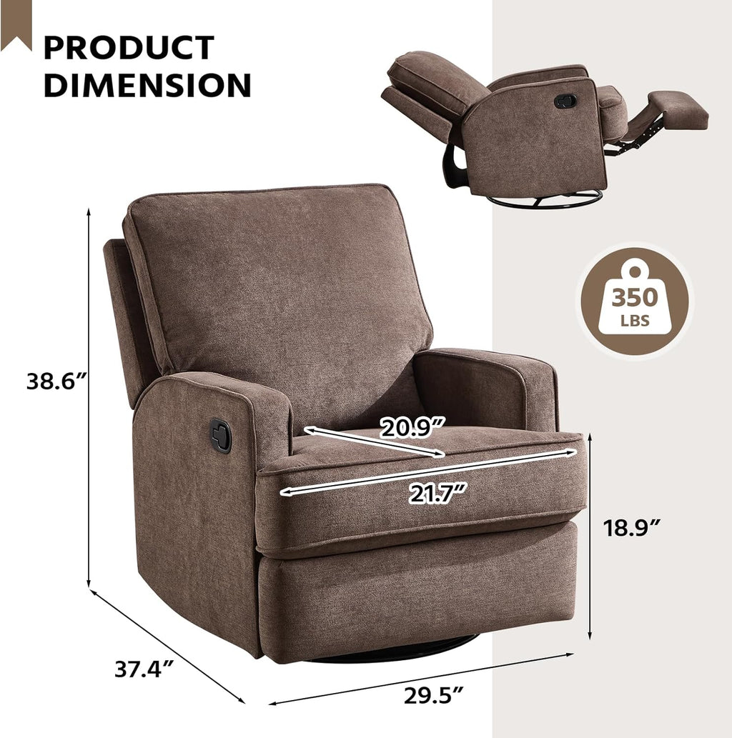 ANJ 360° Swivel Rocker Recliner Chair for Adults, Classic Manual Glider Recliners with Overstuffed Backrest, Upholstered Rocking Reclining Sofa Chair for Living Room, Brown