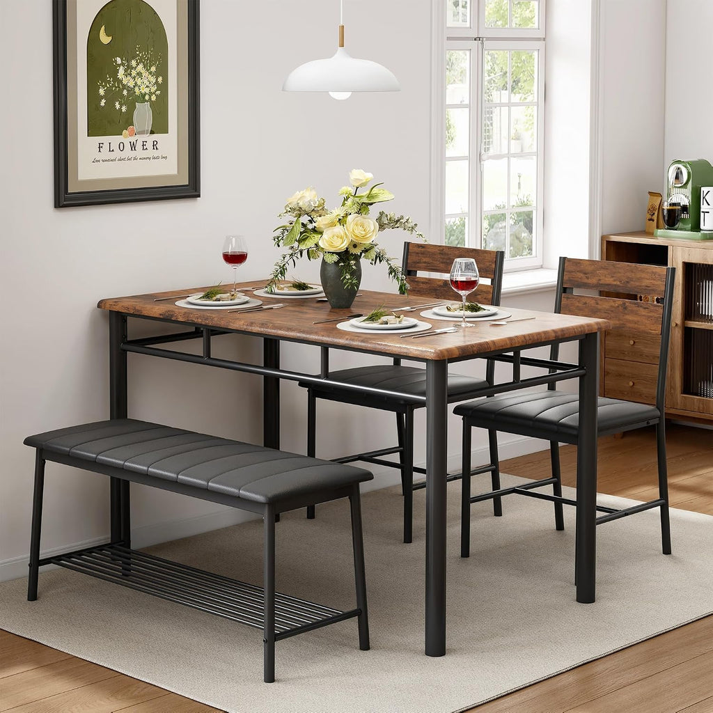 IRONCK Dining Table Set for 4, Kitchen Table and Chairs Set, Rustic Brown | Kitchen Table with Upholstered Bench and 2 Chairs for Small Space, Apartment