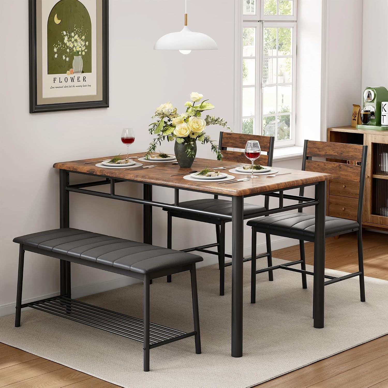 IRONCK Dining Table Set for 4, Kitchen Table and Chairs Set, Rustic Brown | Kitchen Table with Upholstered Bench and 2 Chairs for Small Space, Apartment
