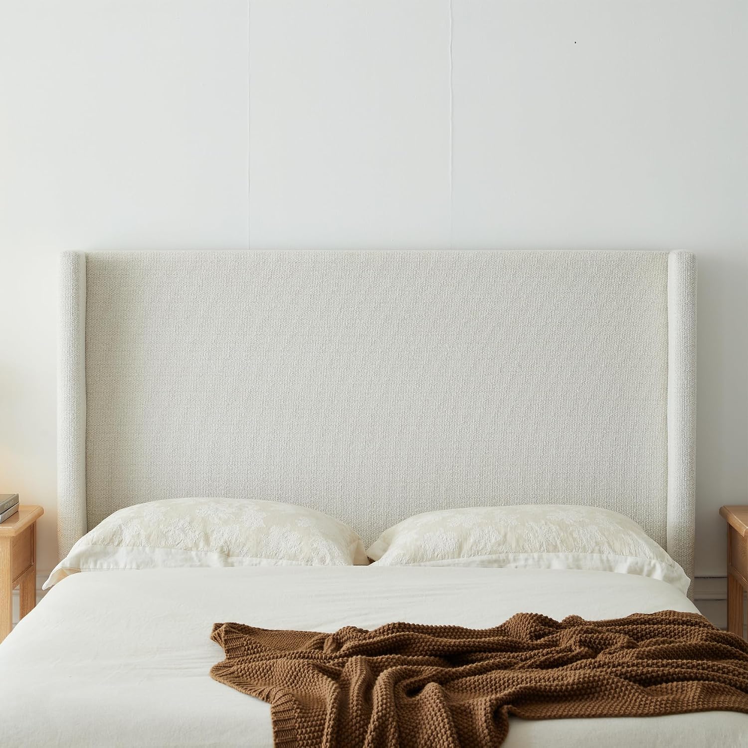 53.1" Extra-Tall Wingback Bed Frame - Luxury Cream White Boucle Upholstered Platform Bed with Gray Oak Wood Base, Heavy Duty 1000lbs, No Box Spring Needed, Noise-Free (Queen)