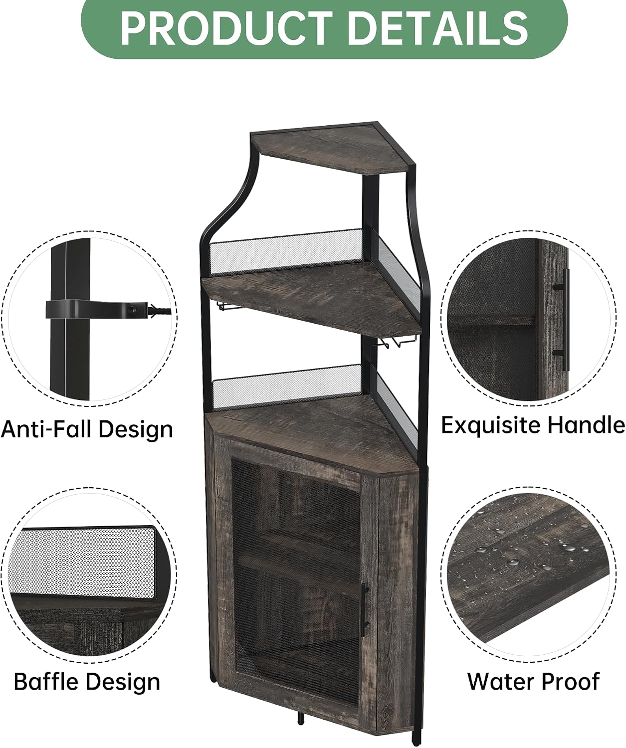 Garvee Corner Wine Rack Cabinet for Liquor Cabinet with Adjustable Shelves, 61 in Industrial Tall Bar Cabinet Freestanding with Mesh Door and Glass Holder for Kitchen, Rustic Brown