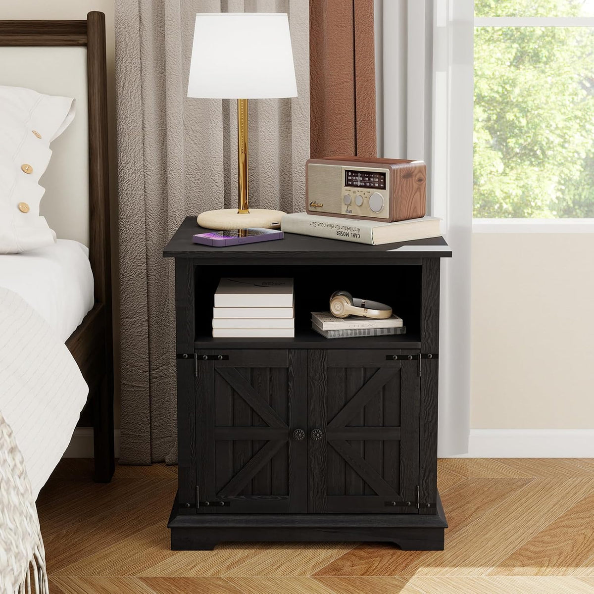 MUUEGM End Table Set of 2 Large Side Table 24" Farmhouse Nightstands with Charging Station Wood Bedside Night Stands with Adjustable Storage Shelf for Living Room, Bedroom