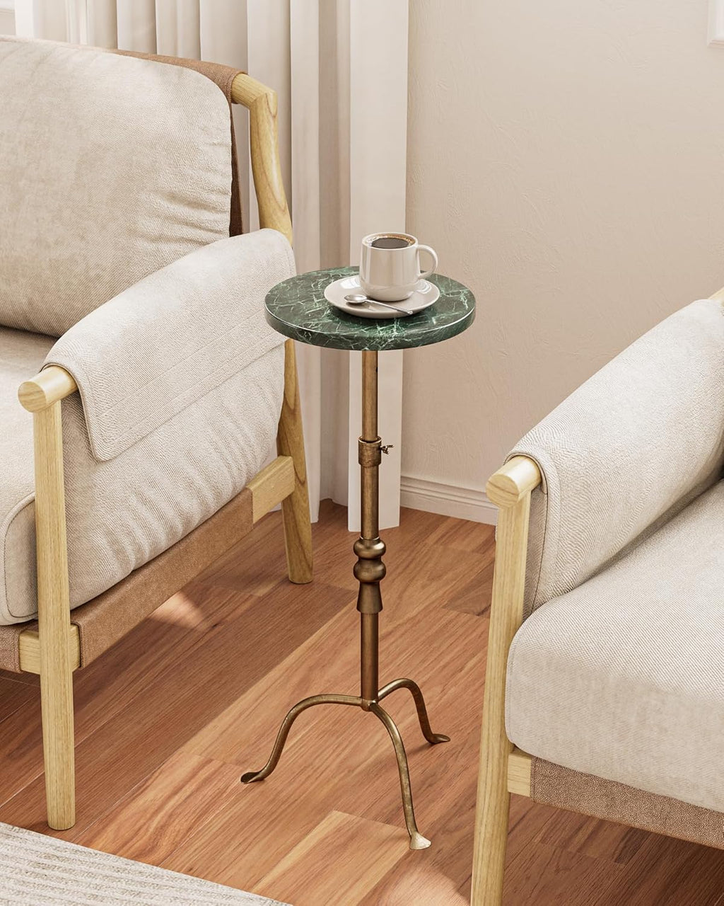 Adjustable Height Round Pedestal Table - 22-30 Inch, Modern Martini Cocktail End Table with Natural Travertine Top & Antique Brass Base for Small Spaces Living Room, Bedroom (Green Marble)