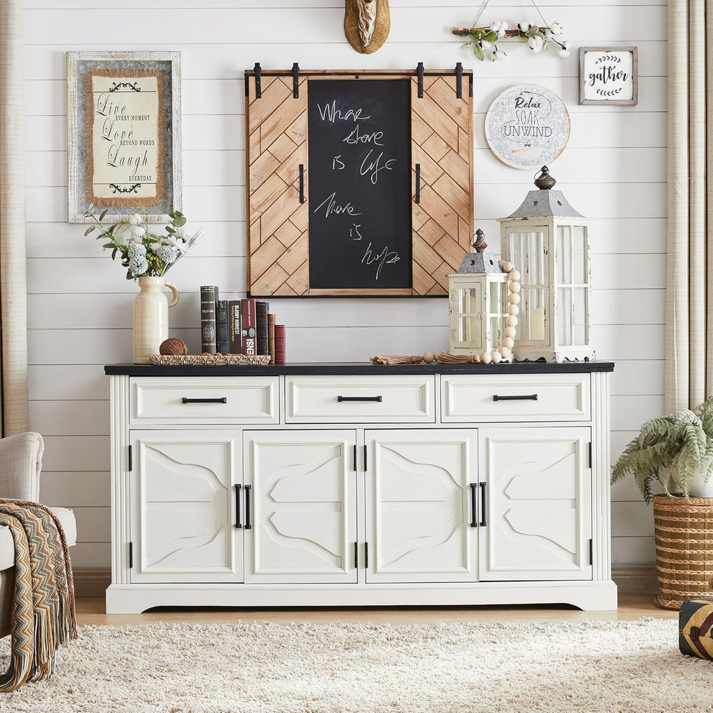 JXQTLINGMU 66" Farmhouse Buffet Cabinet with Storage, Sideboard Credenza, Carved Cloud-Inspired Doors, 3 Drawers & Adjustable Shelves, Coffee Bar Cabinet, Off White