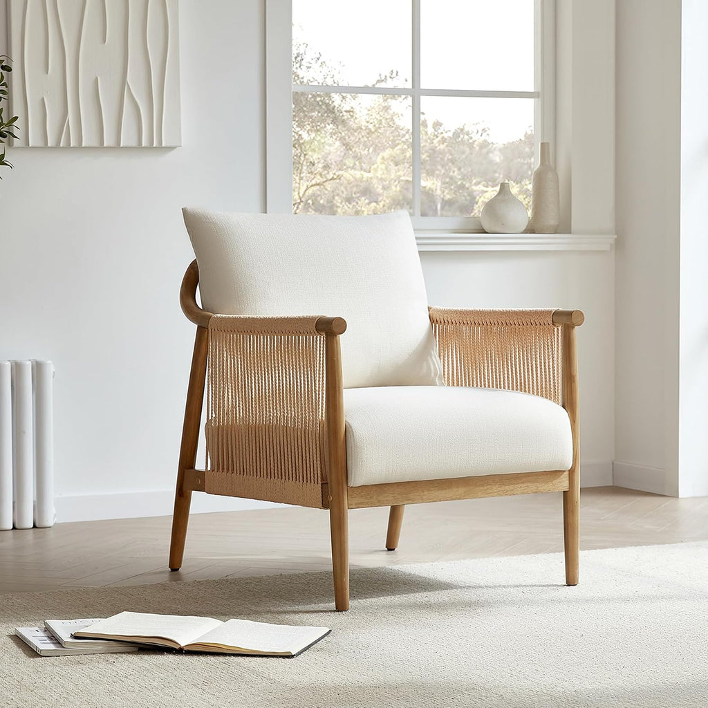 CHITA Braid Accent Chair Set of 2, Wood Frame and Paper-Cord Armrest, Cream | Boho Reading Armchair, FSC Certified Solid Wood Living Room Chair, Bedroom, 33.1"Dx26.4"Wx35.4"H, 300 Lb Capacity