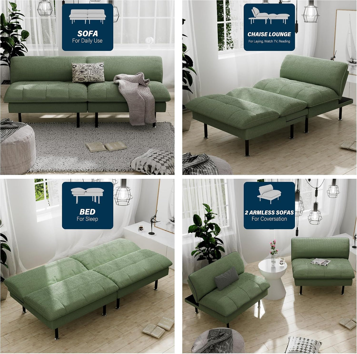 Ribilake 2 Sets 70" Futon Sofa Bed, 4 in 1 Multi-Function Couch Sleeper with Adjustable Backrest, Modern Convertible Futon, Recliner Small Loveseat for Living Room, Green