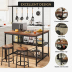 TrailBlaze 42'' Kitchen Island with Storage– 3-Tier Bakers Rack, Wooden Top, Sturdy Metal Frame, 5 Hooks, Space-Saving Design for Small Kitchens, Coffee Bar or Dining Room –No Stools