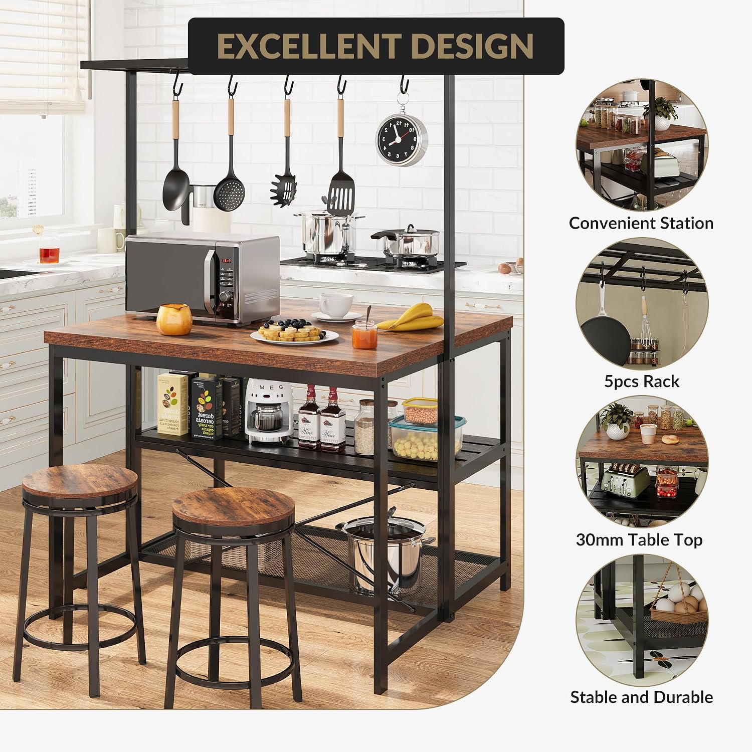 TrailBlaze 42'' Kitchen Island with Storage– 3-Tier Bakers Rack, Wooden Top, Sturdy Metal Frame, 5 Hooks, Space-Saving Design for Small Kitchens, Coffee Bar or Dining Room –No Stools