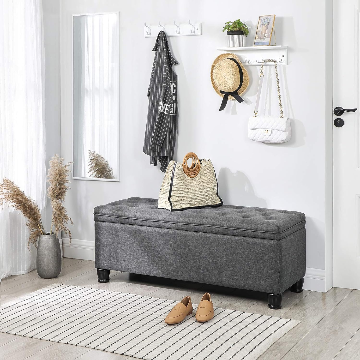 SONGMICS Storage Ottoman, 46.5 Inches Bedroom Bench, Solid Wood Legs