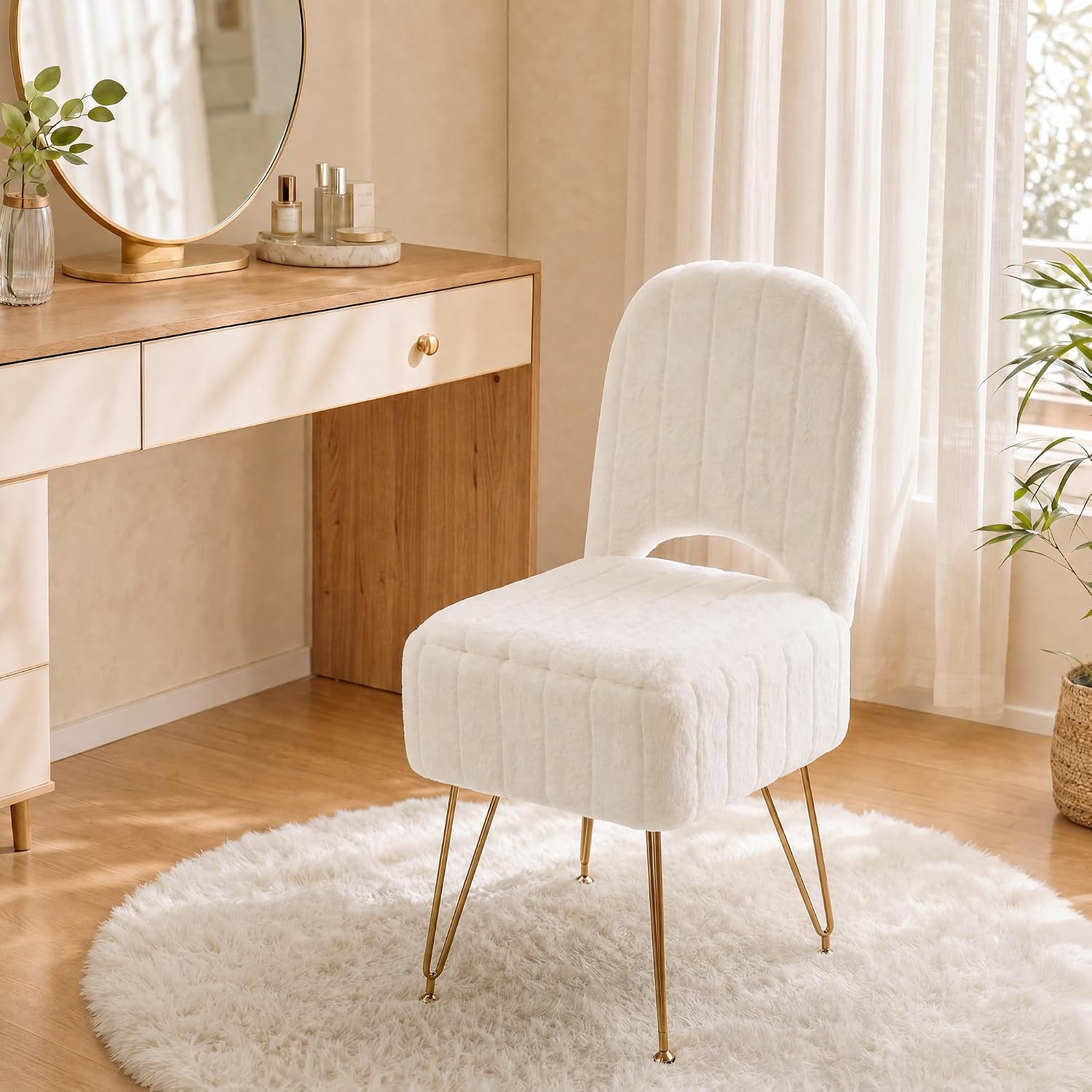 Garvee Vanity Stool Chair with Backrest & Storage,Faux Fur,White,Small | Hidden Storage Compartment, 280 Lbs Capacity, Soft Square Ottoman, Modern Style for Bedroom or Living Room