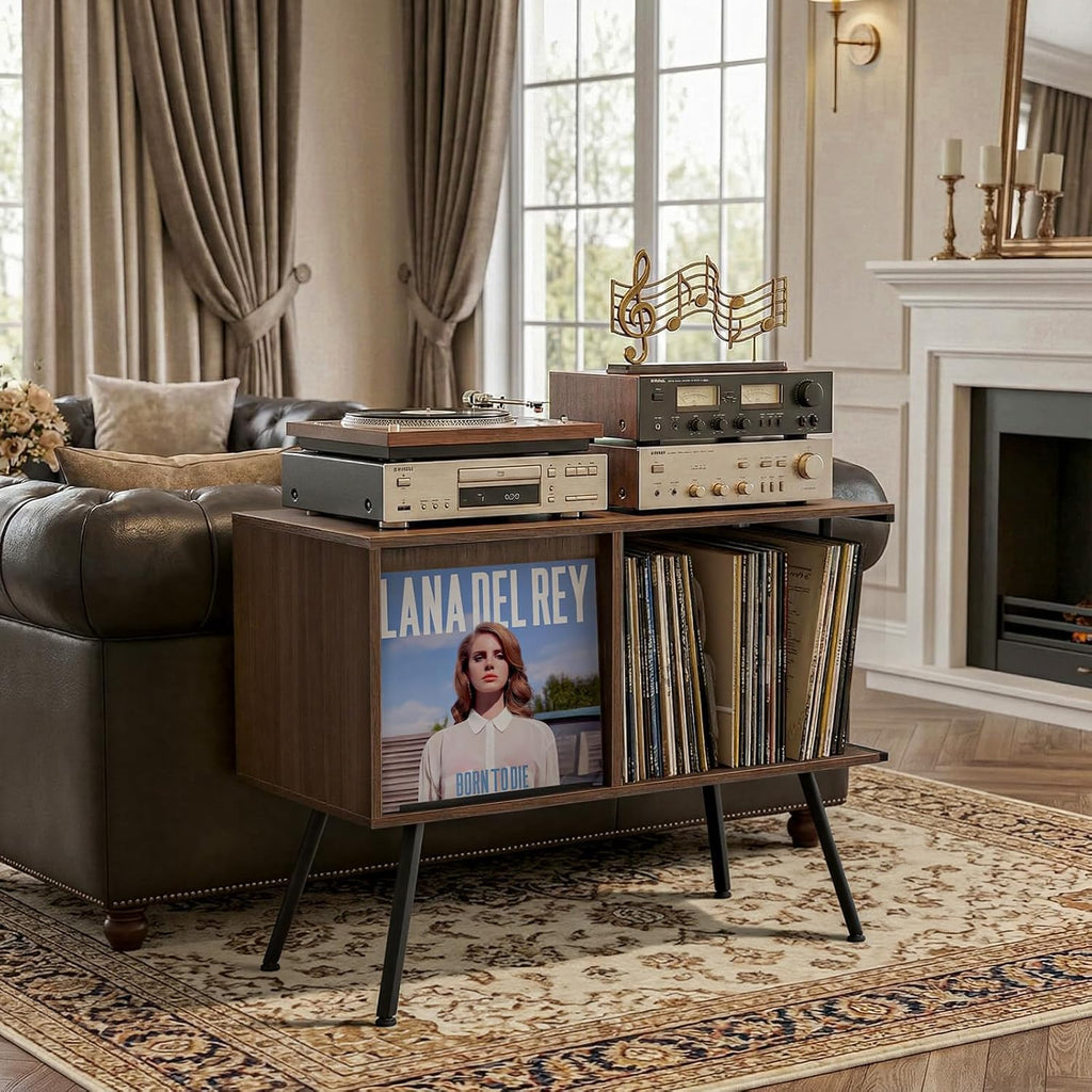 Faesun Record Player Stand with Flip-Down Record Shelf, Walnut | Vinyl Record Storage Holds up to 150+ Albums, Turntable Stand with Album Display, Record Table with Large Open Storage
