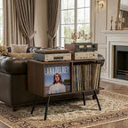 Faesun Record Player Stand with Flip-Down Record Shelf, Walnut | Vinyl Record Storage Holds up to 150+ Albums, Turntable Stand with Album Display, Record Table with Large Open Storage