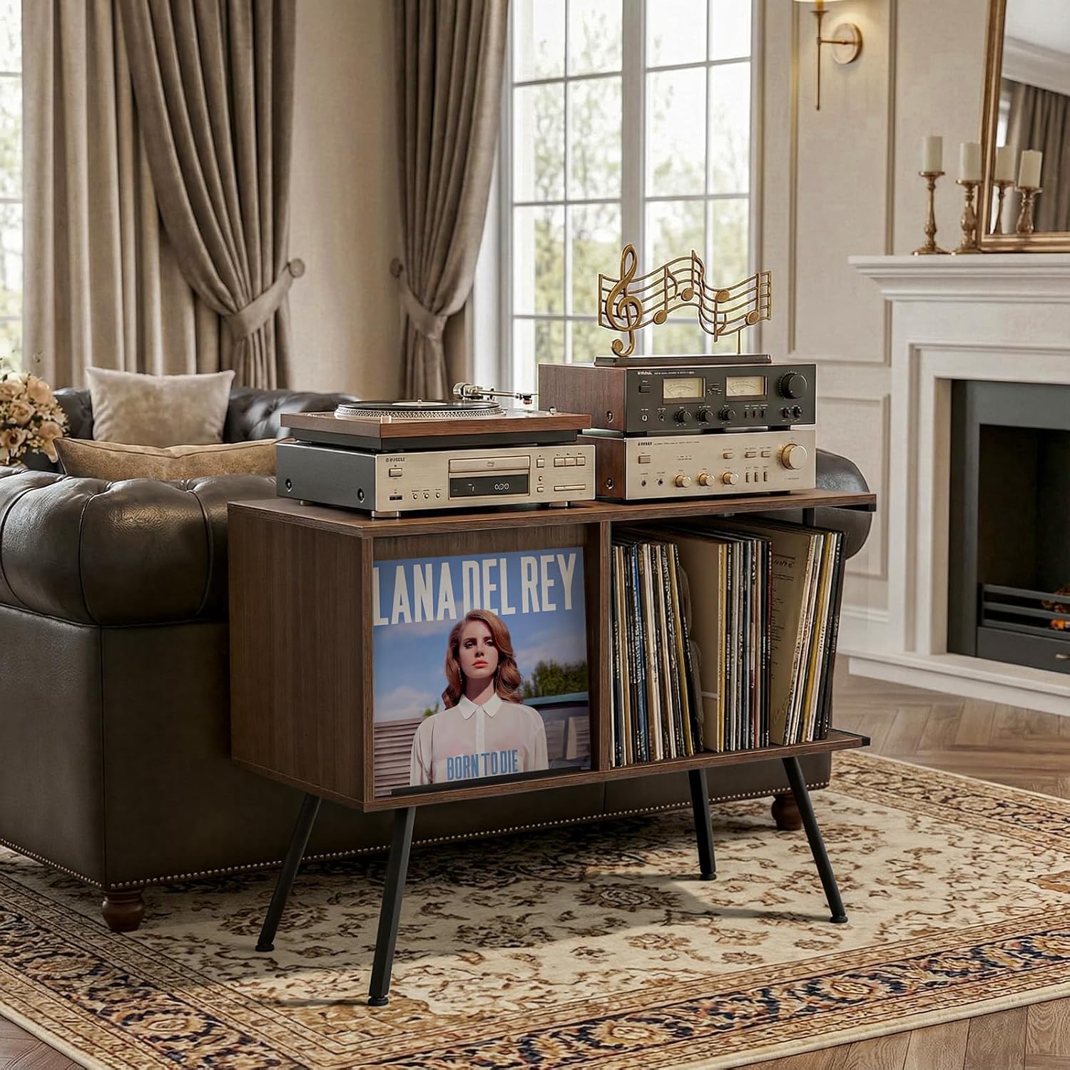 Faesun Record Player Stand with Flip-Down Record Shelf, Walnut | Vinyl Record Storage Holds up to 150+ Albums, Turntable Stand with Album Display, Record Table with Large Open Storage