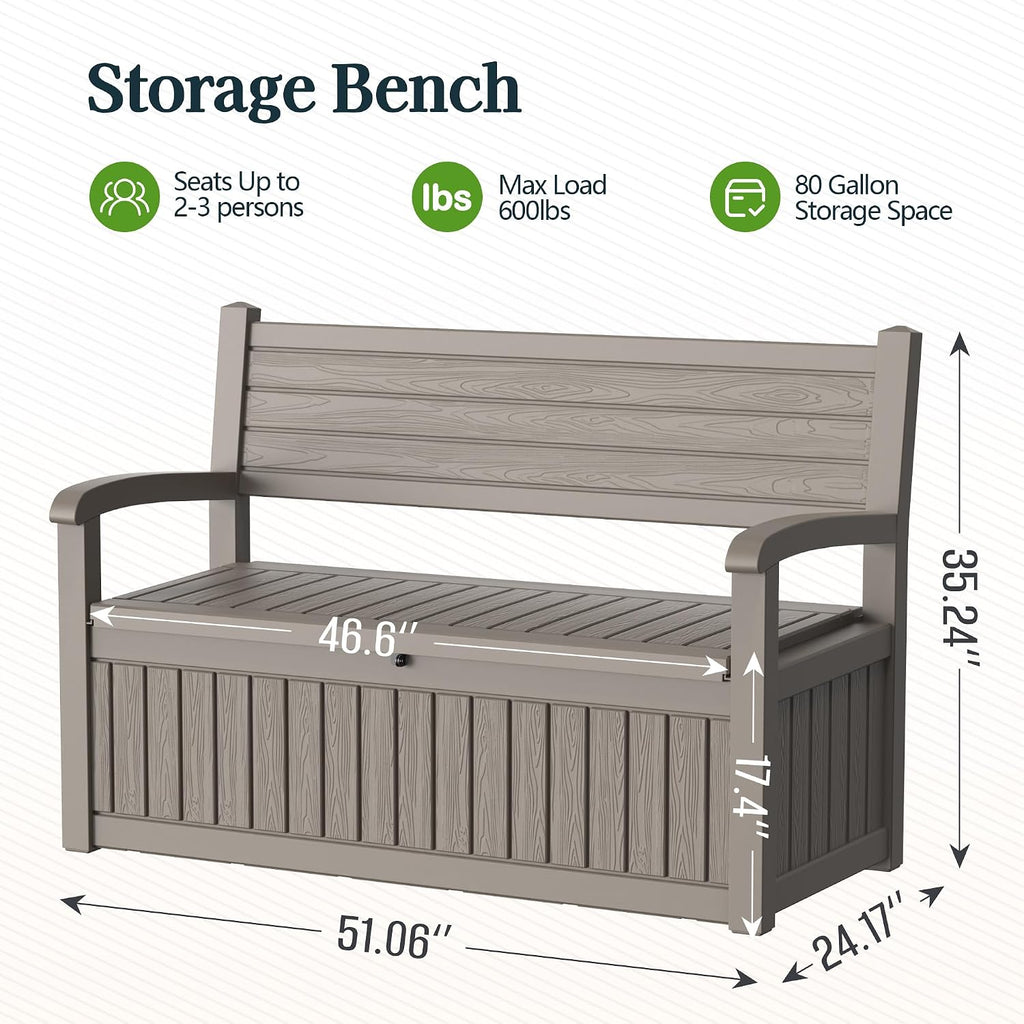 Outdoor Bench with Storage, Waterproof Garden Storage Bench, 100 Gallon Lockable Resin Deck Box, Weatherproof Bench Seating for Patio Yard Cushions Tools, Grey