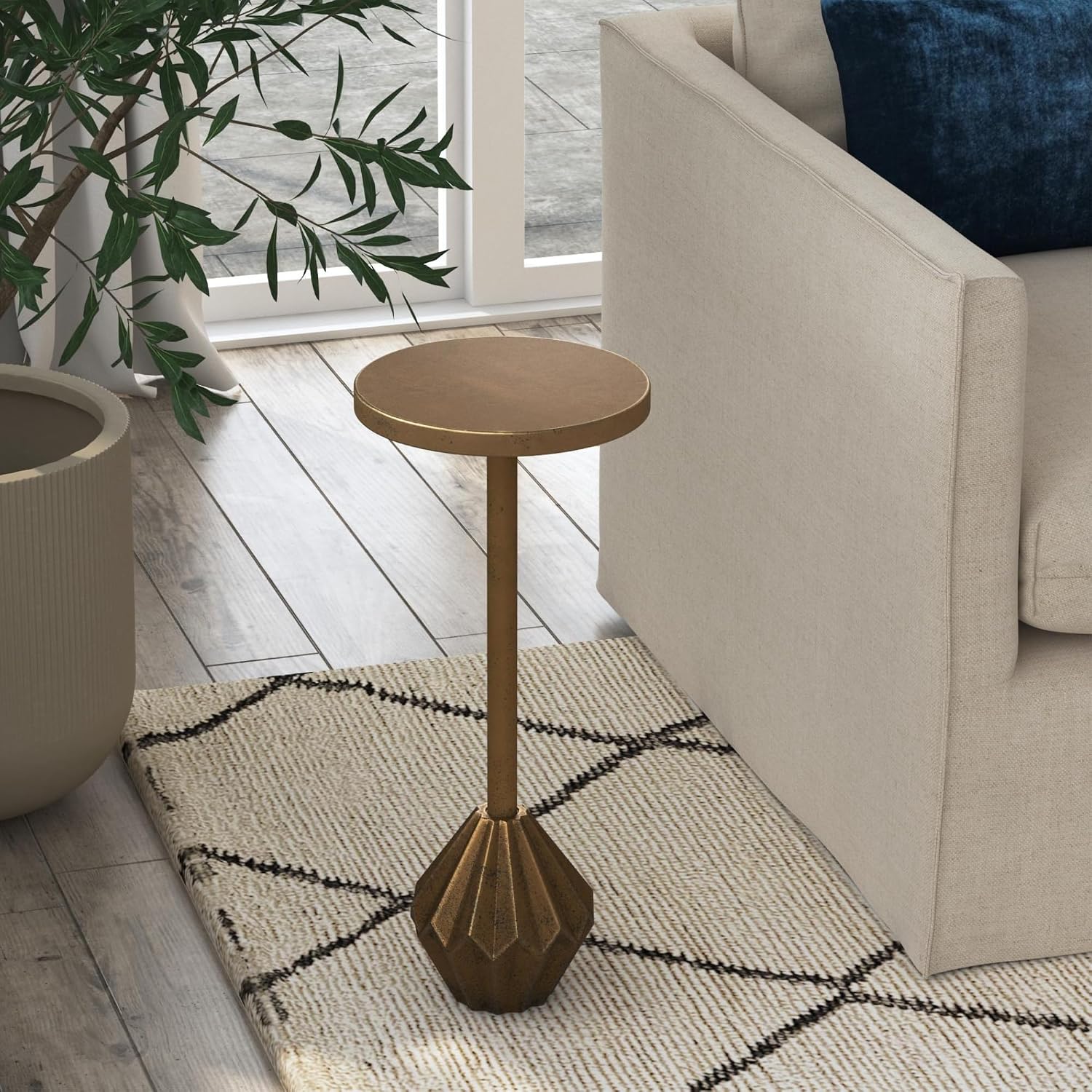 East at Main Bohemian Geometric Metal Martini Table, 10” Wide, Antique Brass – Slim Decorative Pedestal End Table for Display & Storage