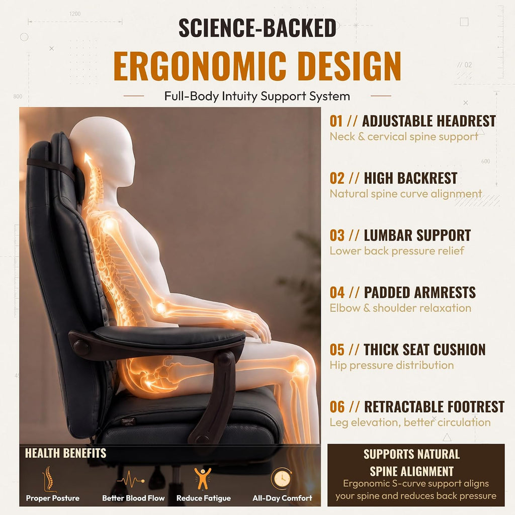 Dowinx Big and Tall Gaming Chair with Footrest for Home Office 500LBS Black | High Back Leather Office Chair, Extra-Wide & Thick-Padded Seat Cushion with Ergonomic Lumbar Support and Soft Linkage Armrest
