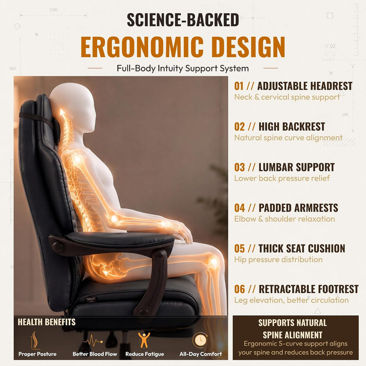 Dowinx Big and Tall Gaming Chair with Footrest for Home Office 500LBS Black | High Back Leather Office Chair, Extra-Wide & Thick-Padded Seat Cushion with Ergonomic Lumbar Support and Soft Linkage Armrest