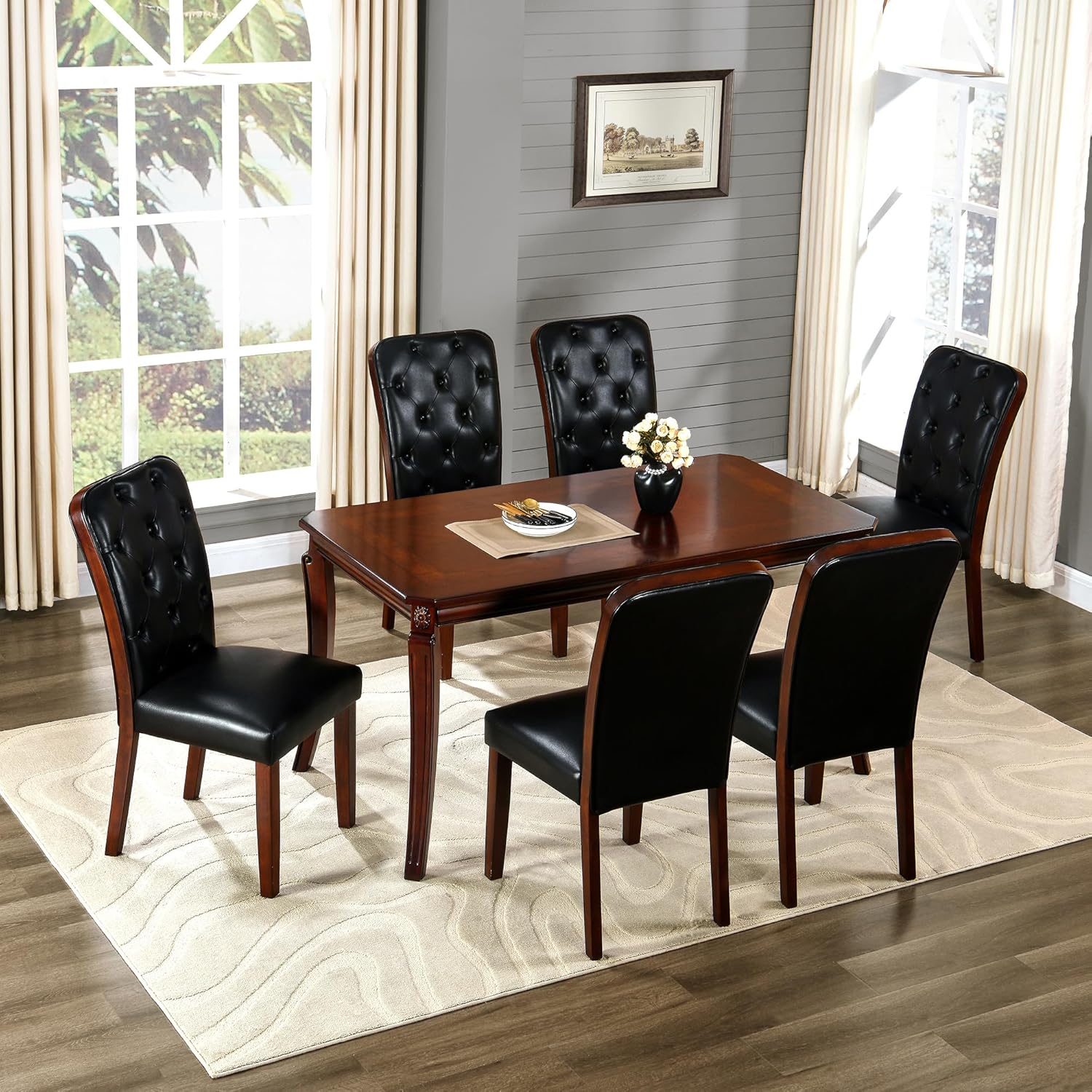 59”Farmhouse Dining Table with Carved Legs,Rectangular Kitchen Table for 4–6 Person, Solid Wood Dinner Table for Living Room, Dining Room,Easy Assembly Cherry Brown CZ-A1168-WD
