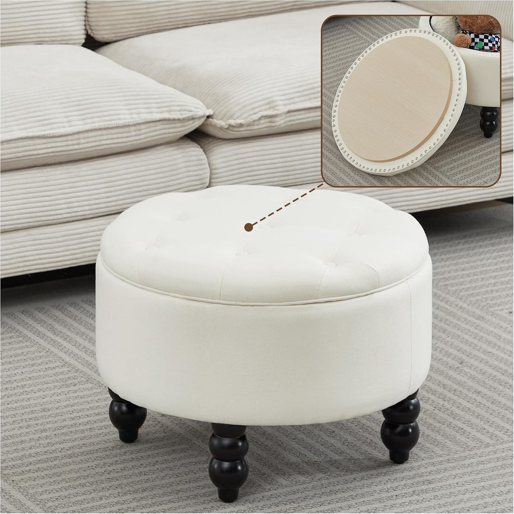 24 Inch Fabric Round Ottoman with Storage, Modern Upholstered Button Tufted Ottoman Coffee Table with Tray Lid, Circle Footstool with Storage for Living Room, Bedroom, White