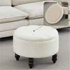 24 Inch Fabric Round Ottoman with Storage, Modern Upholstered Button Tufted Ottoman Coffee Table with Tray Lid, Circle Footstool with Storage for Living Room, Bedroom, White