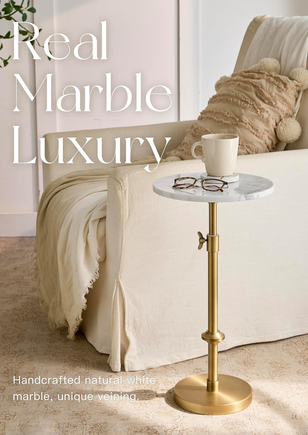 Adjustable 12" White Marble Drink Table with 2 Coasters, Antique Brass⁠ | Adjustable 12" round martini end table & pedestal side table. White marble and antique brass finish.⁠