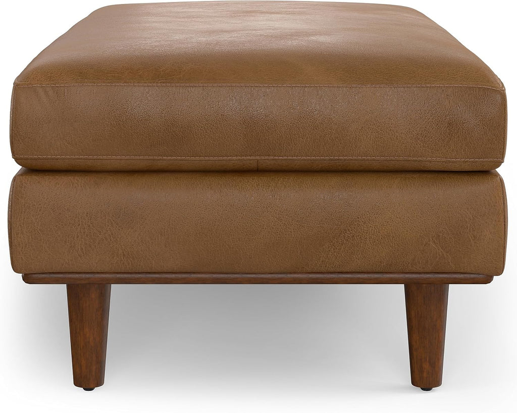 SIMPLIHOME Morrison 49" Wide Genuine Leather Rectangle Ottoman in Caramel | Caramel brown, mid-century modern ottoman with a cushioned top for extra seating, coffee table or footrest.