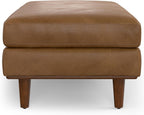 SIMPLIHOME Morrison 49" Wide Genuine Leather Rectangle Ottoman in Caramel | Caramel brown, mid-century modern ottoman with a cushioned top for extra seating, coffee table or footrest.