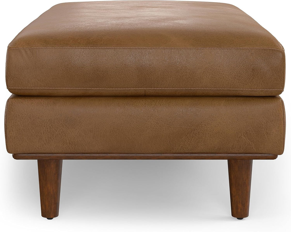 SIMPLIHOME Morrison 49" Wide Genuine Leather Rectangle Ottoman in Caramel | Caramel brown, mid-century modern ottoman with a cushioned top for extra seating, coffee table or footrest.