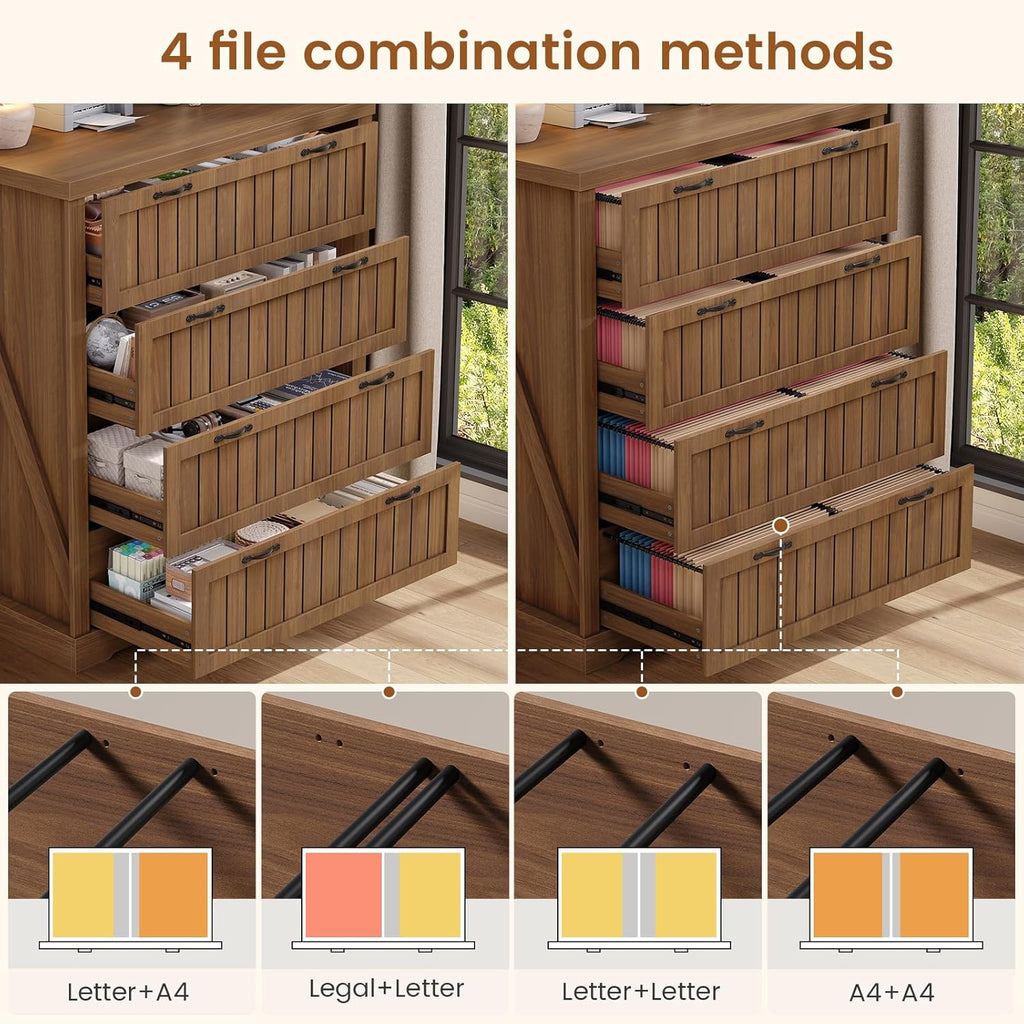 SEDETA Farmhouse 4 Drawer File Cabinet, Filing Cabinet for Home Office, Wood Office File Cabinets for Letter/Legal/A4 Size, File Cabinet Organizer with Printer Stand for Study Room, Living Room, Brown