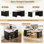Extendable Dining Table with Folding Leaves & Power Outlet, Rolling Kitchen Island on Wheels with Storage Drawers & Hooks, Convertible Table for Small Spaces (Black + Marble White)