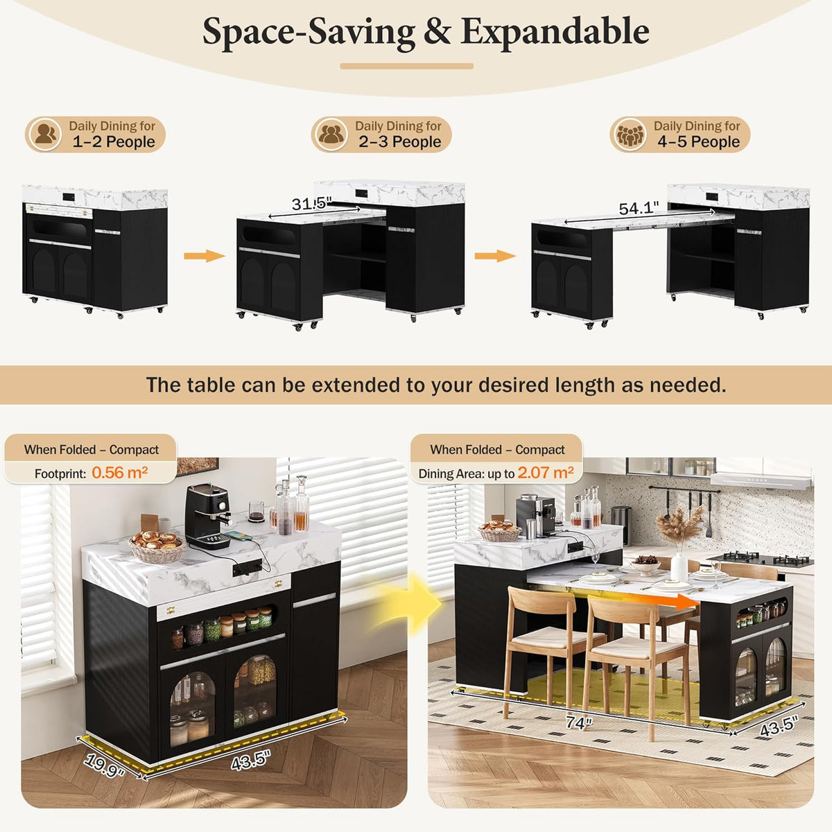 Extendable Dining Table with Folding Leaves & Power Outlet, Rolling Kitchen Island on Wheels with Storage Drawers & Hooks, Convertible Table for Small Spaces (Black + Marble White)