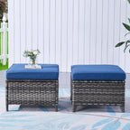 Outdoor Ottomans Patio Foot Rest - 2 Piece Wicker Rattan Ottoman Footrests Footstools with Comfortable Cushions for Patio Porch Deck Balcony Garden(Mixed Grey Wicker/Blue Cushion)