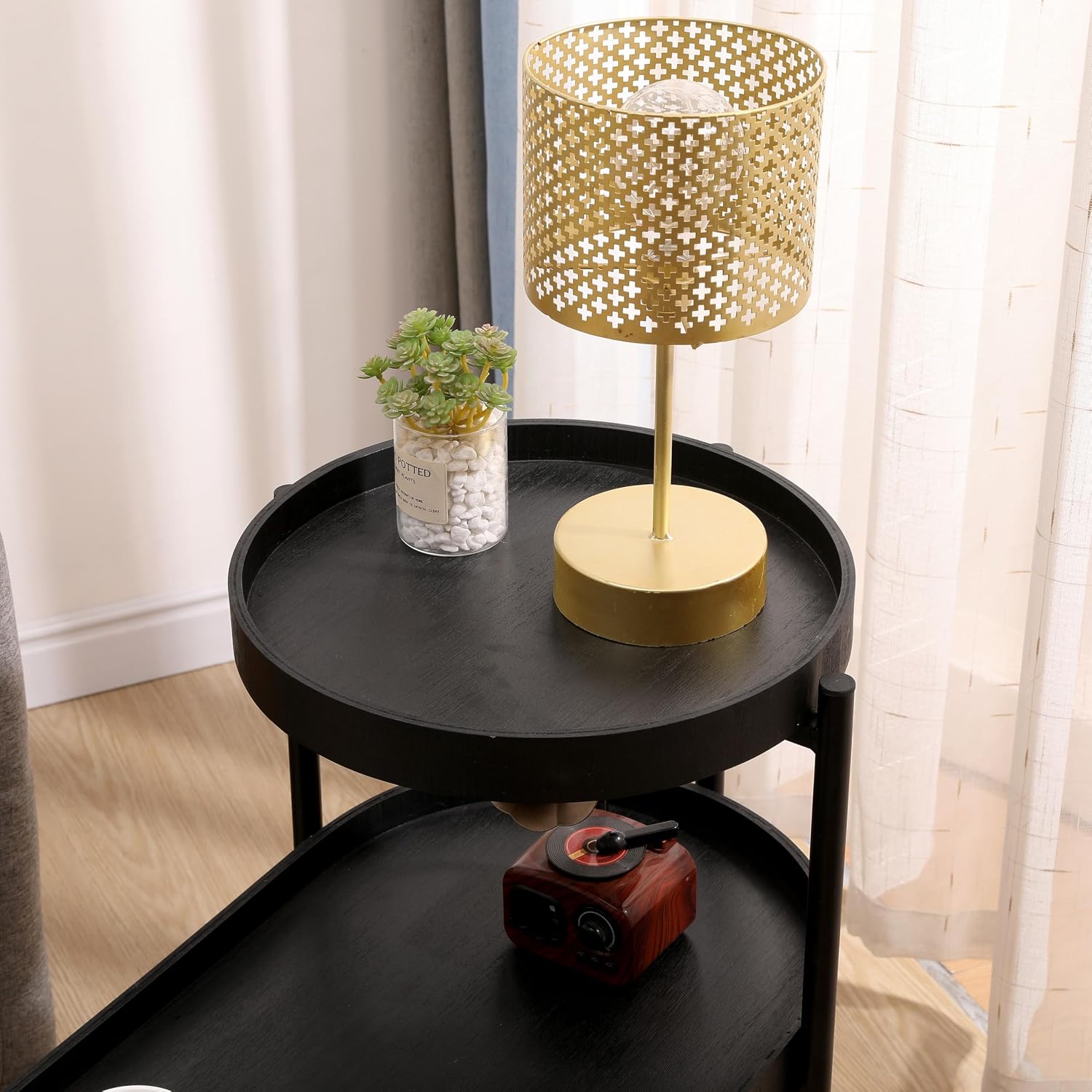 2 Tier Side Table with Storage Shelve Small Sofa Table Modern Metal End Table Coffee Table with Wooden Tray Top, Black