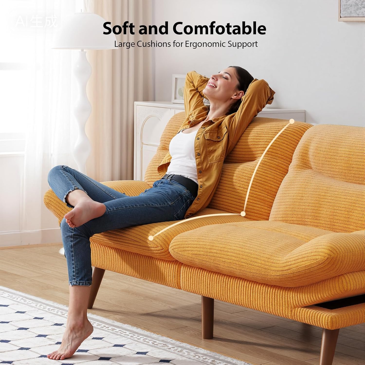 Pipishell Futon Sofa Bed, Modern 66" Futon Couch Convertible to Bed & Lounger, Compact Size, Corduroy Loveseat, Durable Construction - Fits Small Spaces, Apartments,Study Room (Yellow, 66 Inch)