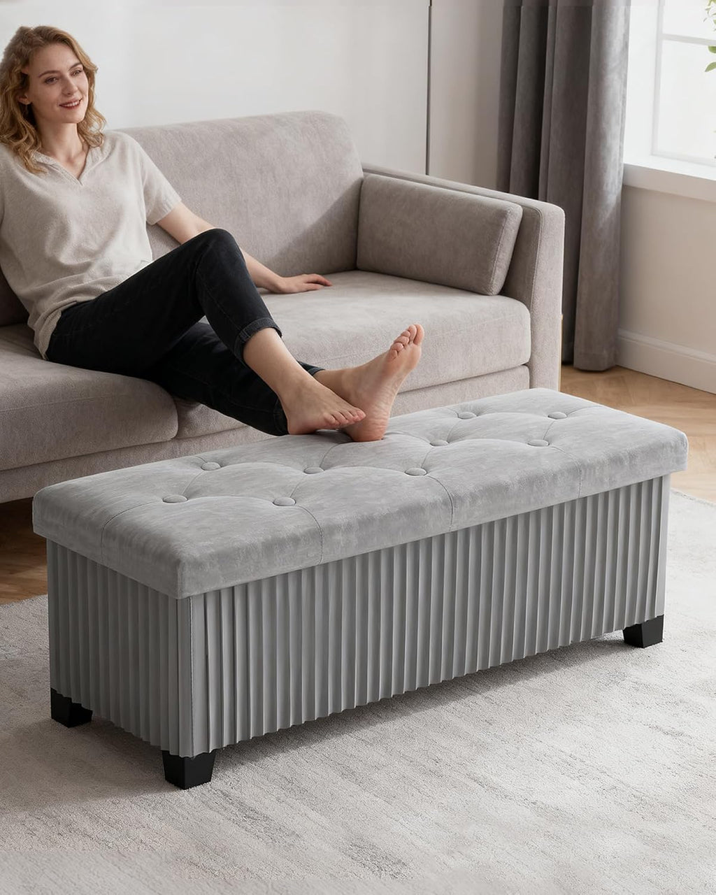 LITZFUR 43 Inches Storage Ottoman Bench, Velvet Foot Rest Stool, Grey | Folding Ottoman with Legs, End of Bed Bench, Storage Chest for Living Room, Bedroom