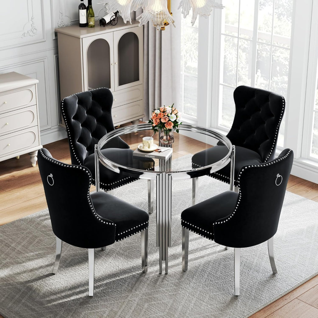Luxury Round Glass Silver Dining Table Set for 4, 5-Piece Modern Kitchen Table Set with 4 Black Velvet Chairs for Kitchen Dining Room Apartment