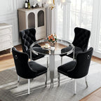 Luxury Round Glass Silver Dining Table Set for 4, 5-Piece Modern Kitchen Table Set with 4 Black Velvet Chairs for Kitchen Dining Room Apartment