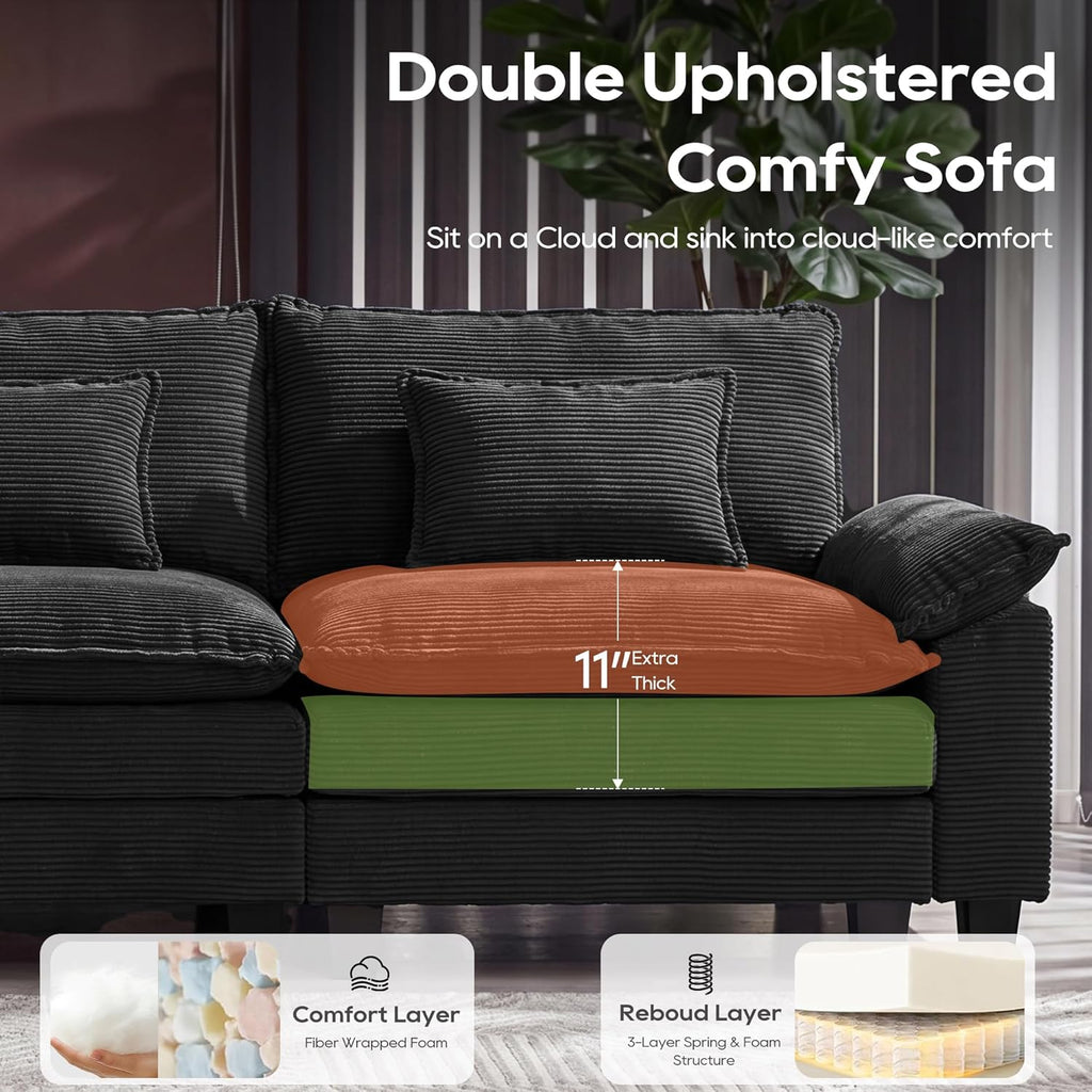 URRED Oversized Modular Sectional Sofa，Solid Black：122" U Shaped | Modern Comfy Cloud Couch with Movable Ottoman and Pillow, Deep Seat Couches for Living Room, Bedroom or Apartment