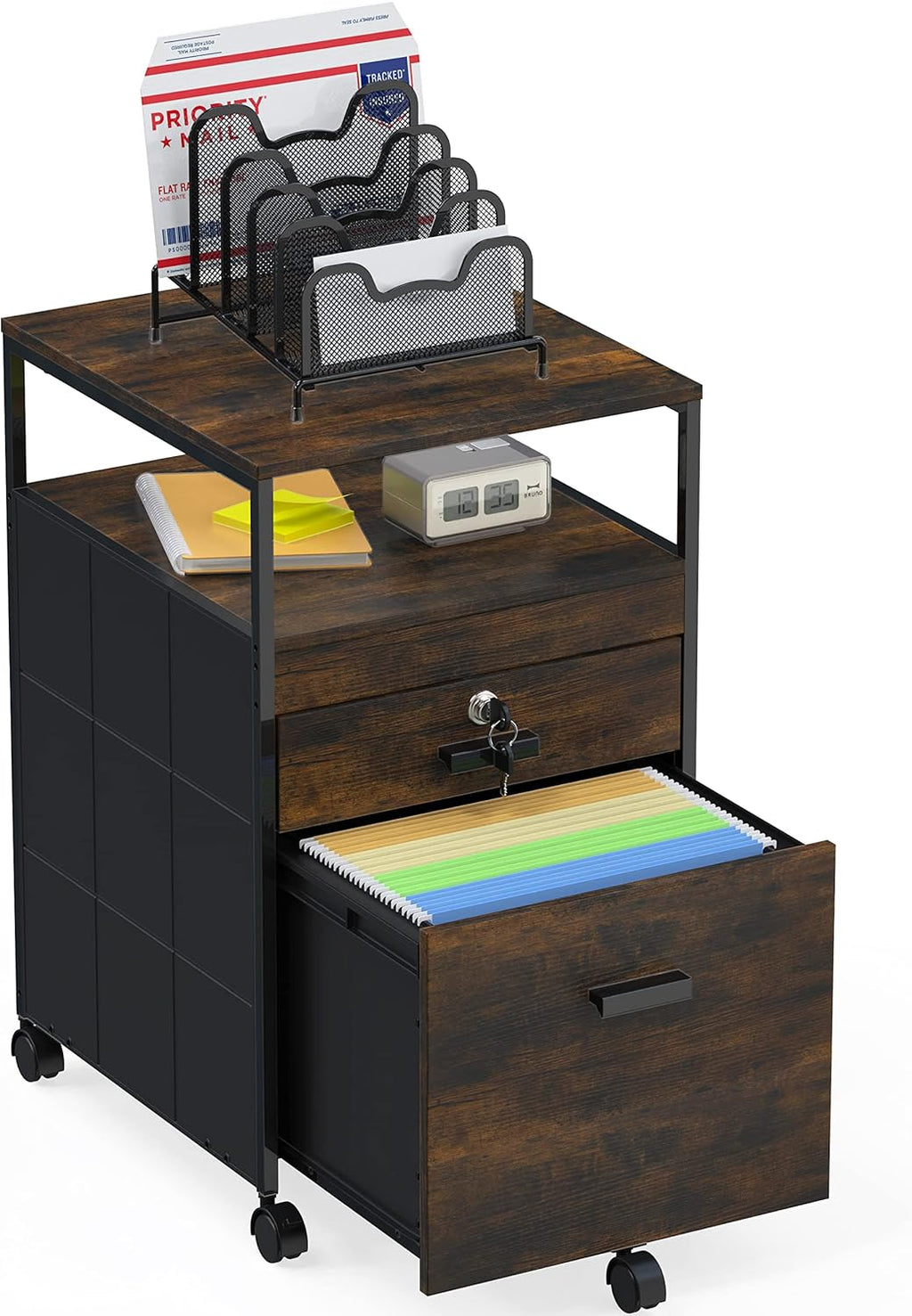 SHW Box File Rolling Mobile Cabinet with Lockable Drawer, Rustic Brown