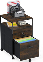 SHW Box File Rolling Mobile Cabinet with Lockable Drawer, Rustic Brown