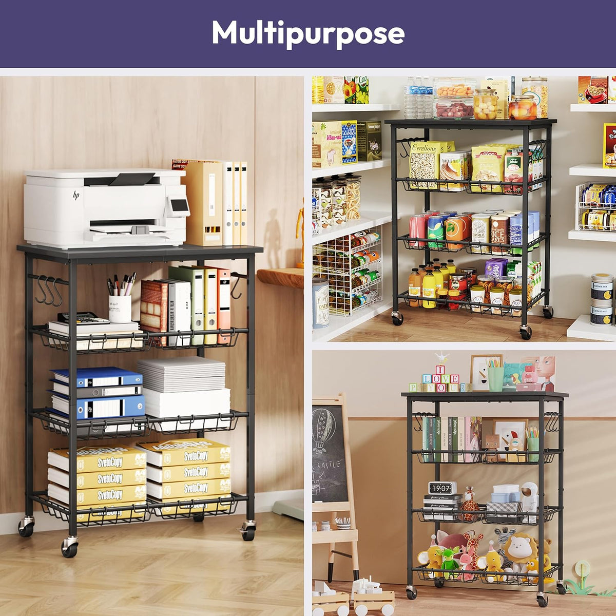 SWTYMIKI 24.4''x15.7'' Rolling Microwave Cart - 4 Tier Microwave Table Stand with 6 Storage Baskets, Coffee Bar with Wheels, Kitchen Utility Cart Shelf Rack Organizer for Vegetables, Potato, Black