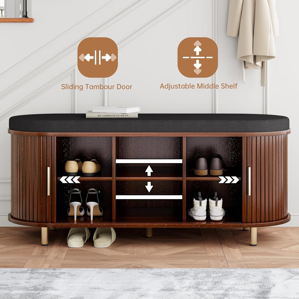 DHH 2-Tier Storage Bench,Wide Shoe Bench with Thickened Padded Seat Cushion, Mid Century Modern Fluted Sliding Door and Adjustable Shelf, for Entryway, Living Room, Bedroom (Walnut, 43.3“)