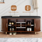 DHH 2-Tier Storage Bench,Wide Shoe Bench with Thickened Padded Seat Cushion, Mid Century Modern Fluted Sliding Door and Adjustable Shelf, for Entryway, Living Room, Bedroom (Walnut, 43.3“)