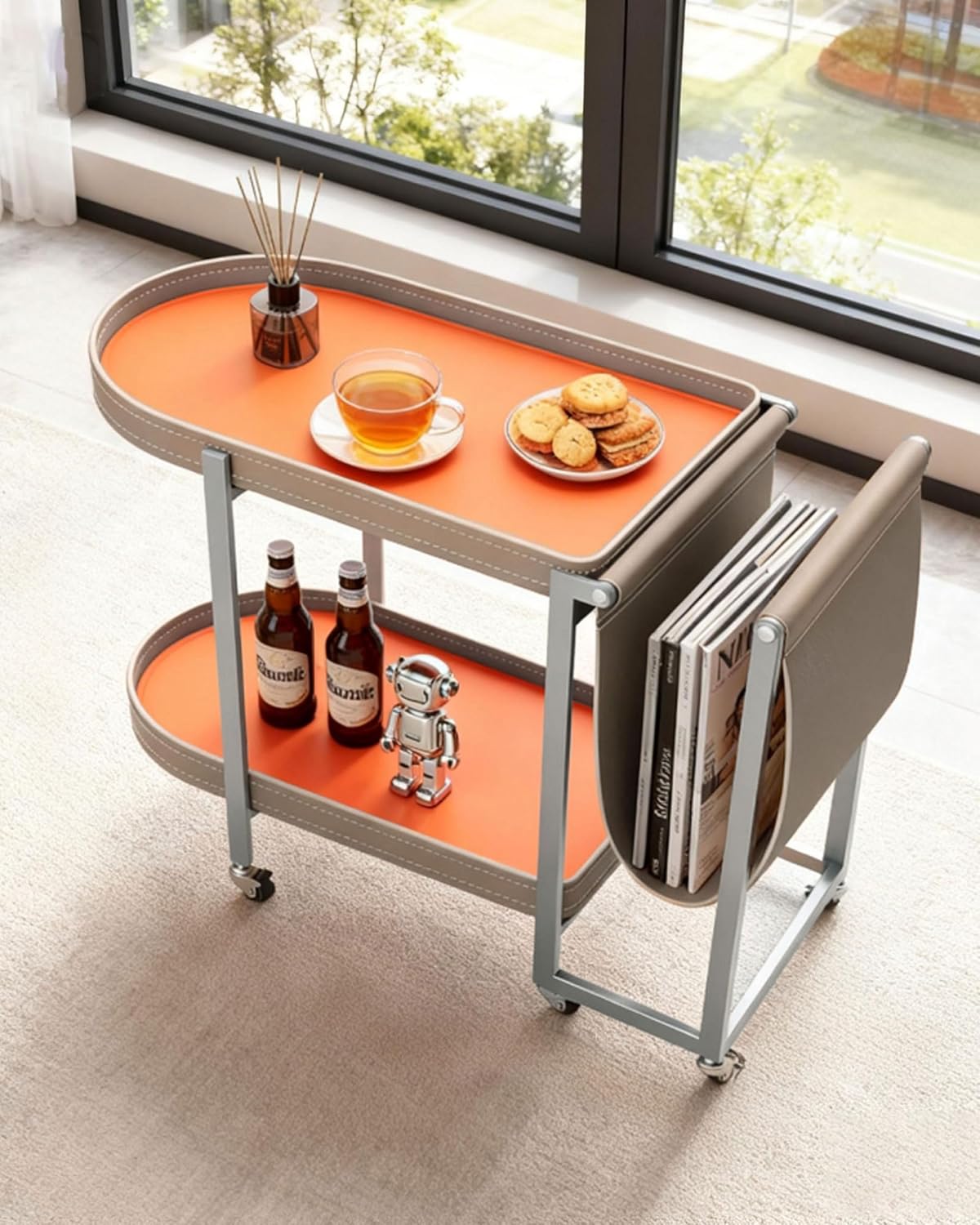 Modern Multi-Functional Side Table with 2 Tiers Storage Magazine Holder and Wheels for Living Room, Bedroom End Table with Books ShelvesElegant Design Easy to Move Perfect for Drinks, Decorations